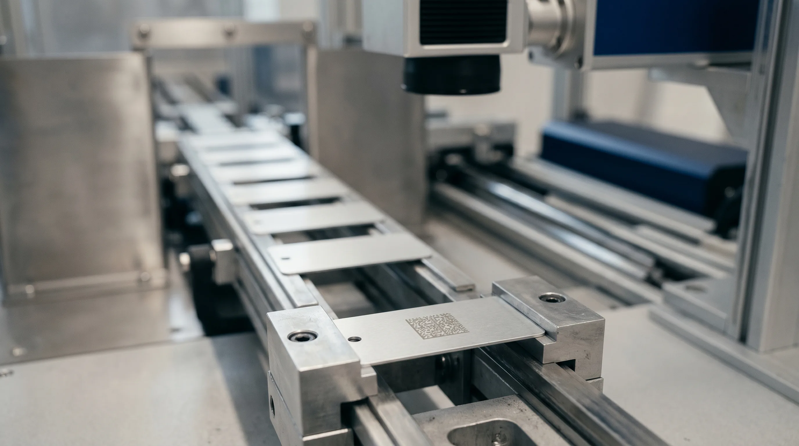 Makroaufnahme eines per Laser eingebrachten Data-Matrix-Codes auf einem eloxierten Aluminium-Typenschild für ein Automobil-Bauteil