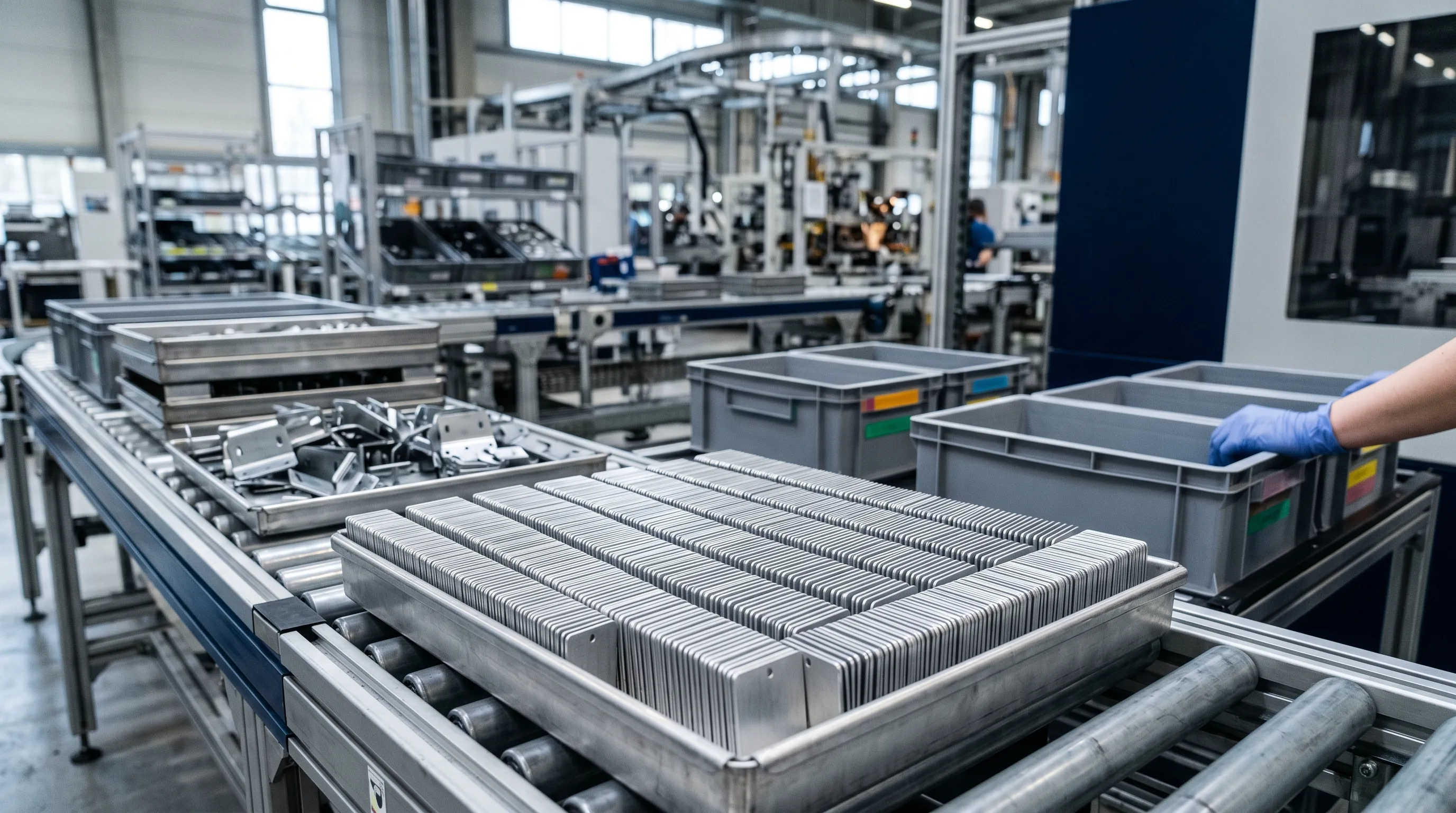 Prüfszene einer Serie frisch lasermarkierter Aluminium-Typenschilder mit Data-Matrix-Codes