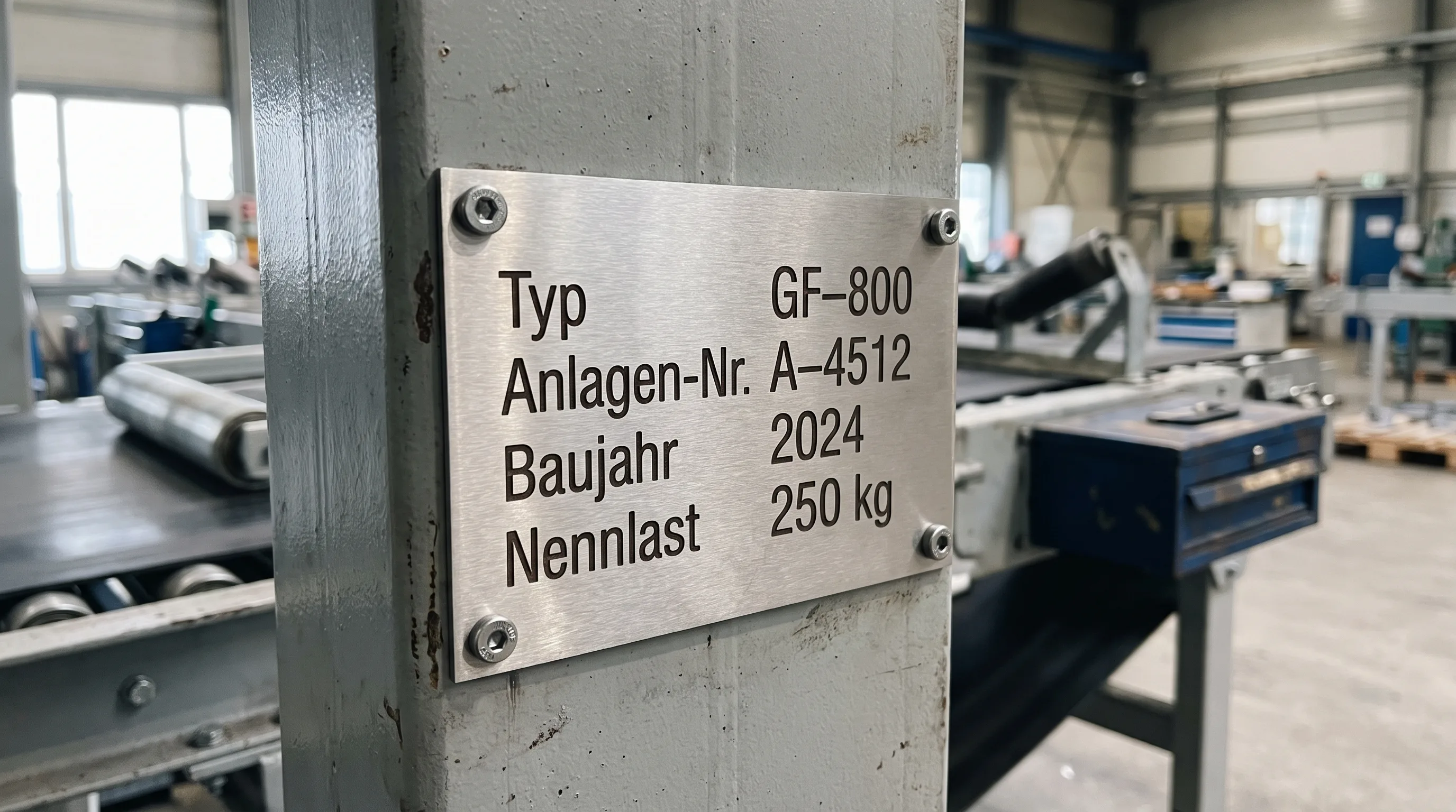 Makroaufnahme eines geätzten Edelstahlschilds mit Reliefschrift für eine Förderanlage im Außenbereich