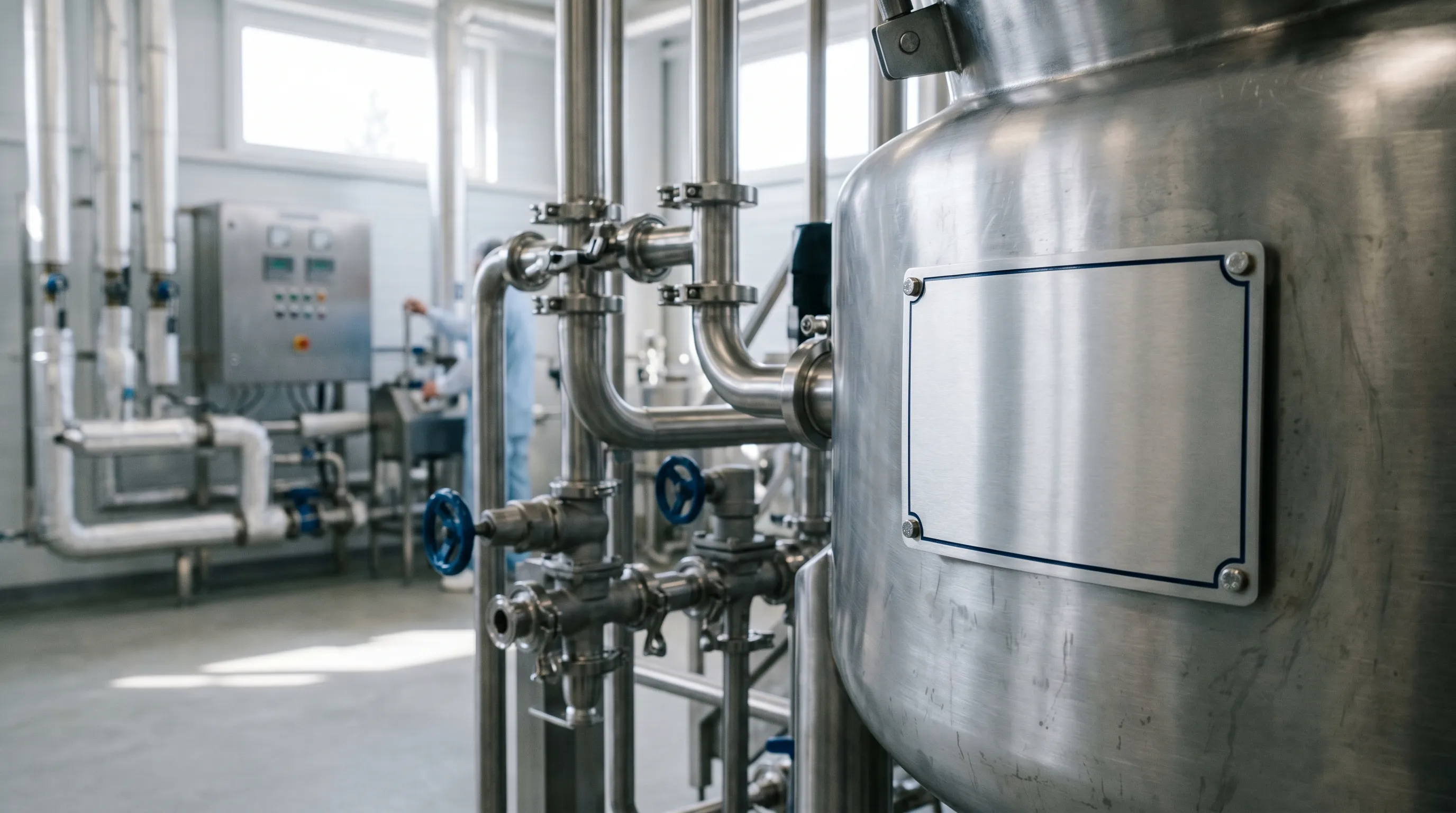 Geätztes Edelstahl-Typenschild aus V4A 1.4571 für eine Chemieanlage wird unter einer Lupe auf Lesbarkeit geprüft