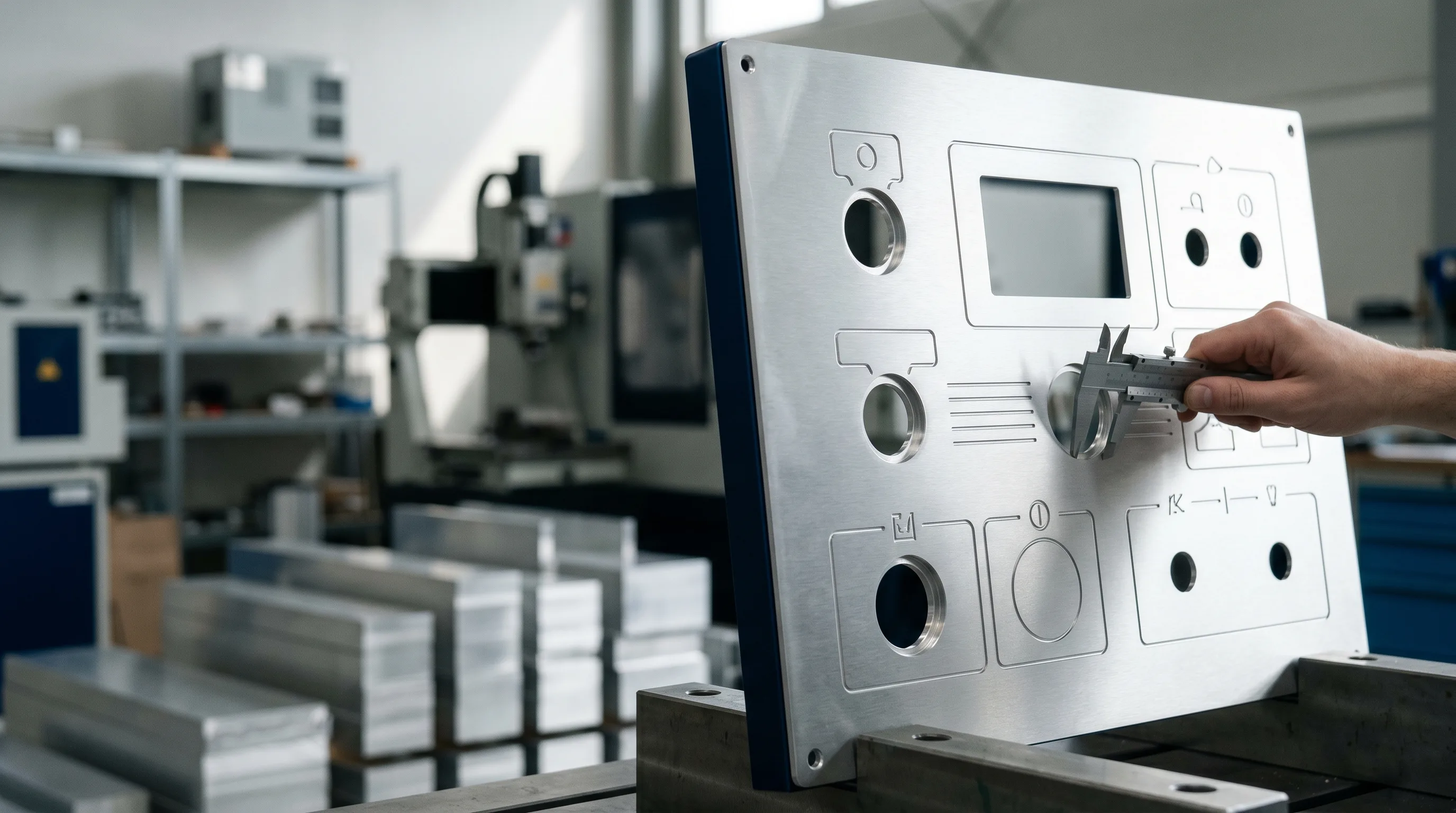 Beschriftete Aluminium-Frontplatte mit passgenauen Ausschnitten für Taster und Display