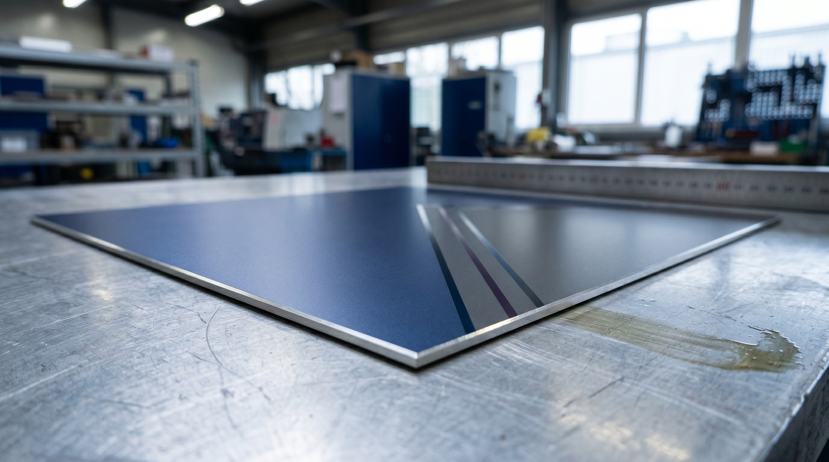 Macro-Aufnahme einer eloxierten Aluminiumoberfläche mit Druckdetail