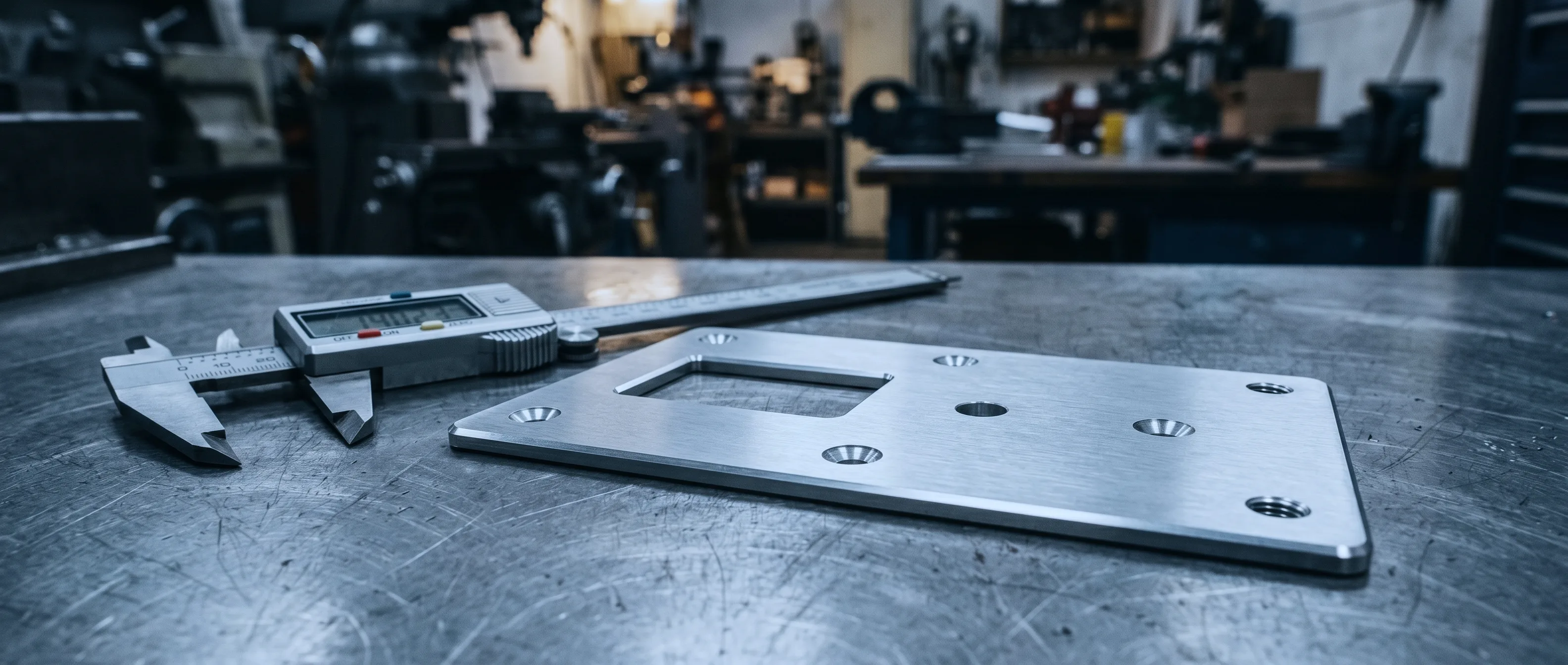 Dünne CNC-gefräste Aluminium-Frontplatte mit Durchbruch, Senkungen, Bohrung und Gewinden neben einem Messschieber