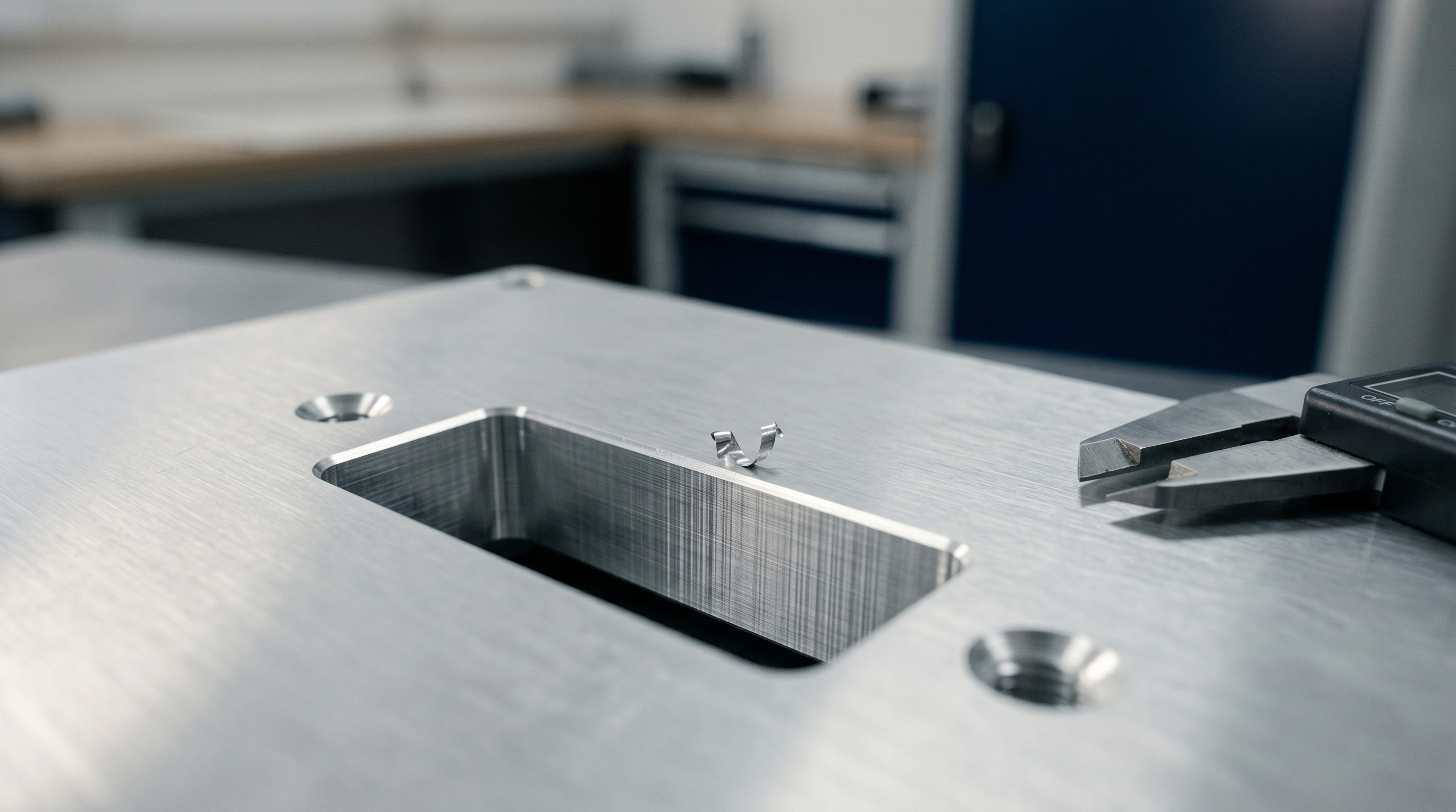 Macro-Aufnahme einer CNC-gefrästen Kontur mit Bohrungen und Durchbruch