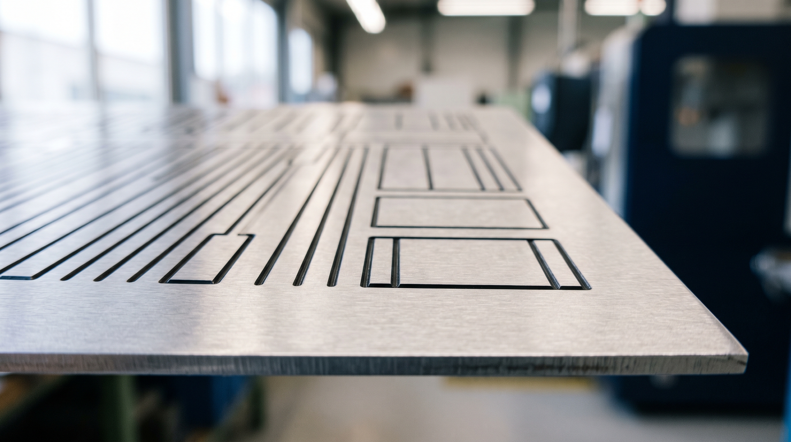 Macro-Aufnahme einer mechanisch gravierten Aluminiumoberfläche mit farbig ausgelegter Schrift