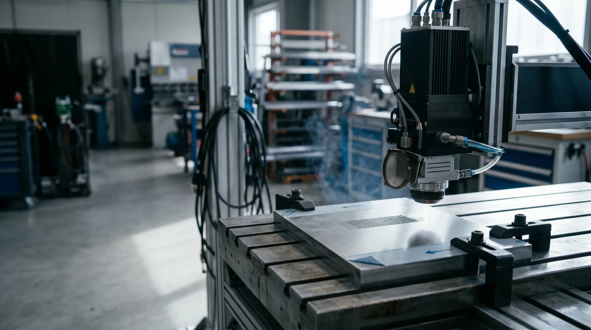 Fertigung bei Gebr. Wenzelmann: CNC-, Laser- und Materialbereich mit einem fertig eloxierten Schild im Vordergrund