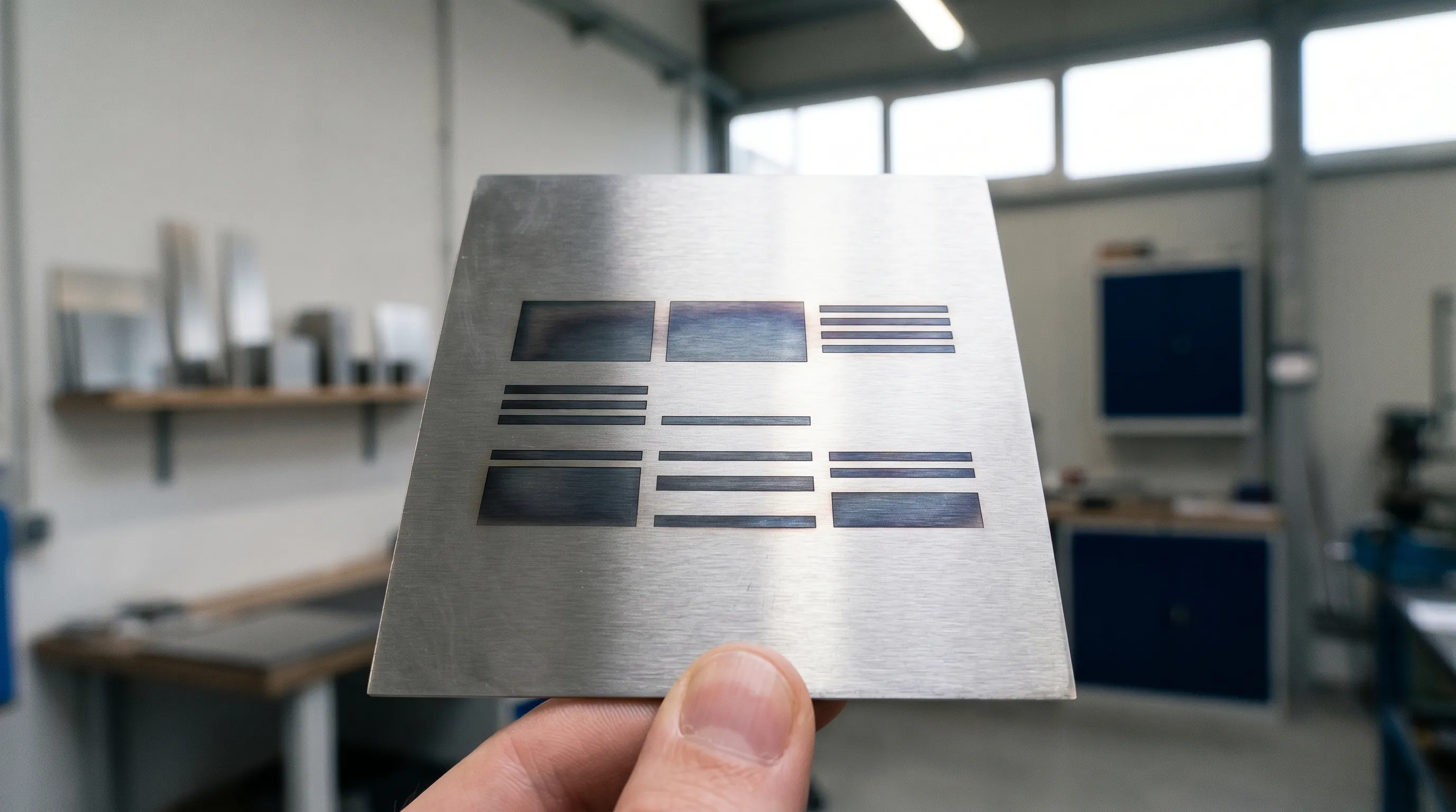 Macro-Aufnahme einer Laser-Anlassmarkierung auf einem Edelstahlschild