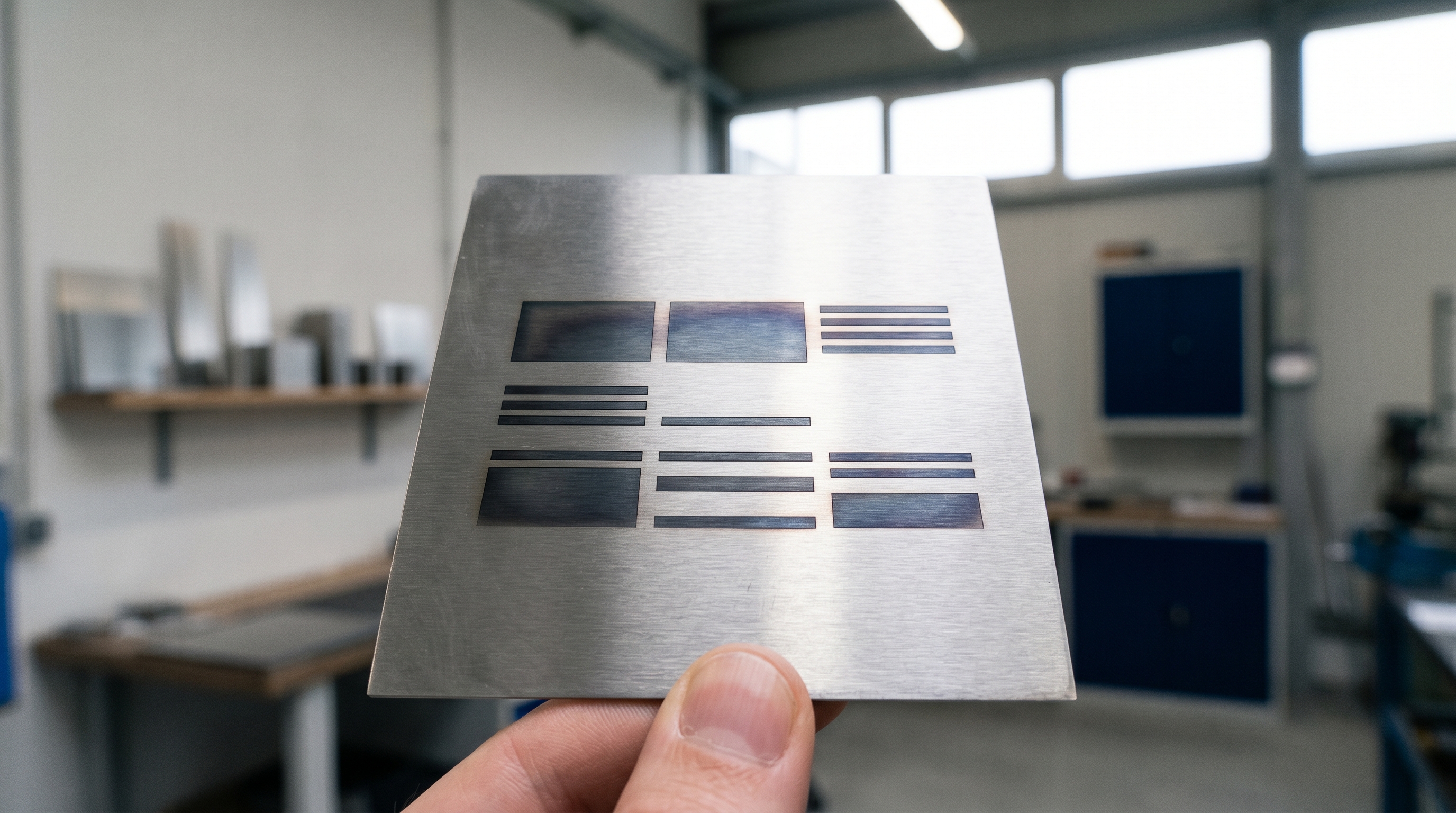 Macro-Aufnahme einer Laser-Anlassmarkierung auf einem Edelstahlschild